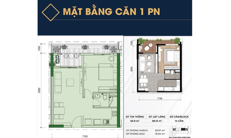 Mặt bằng căn hộ 1 phòng ngủ